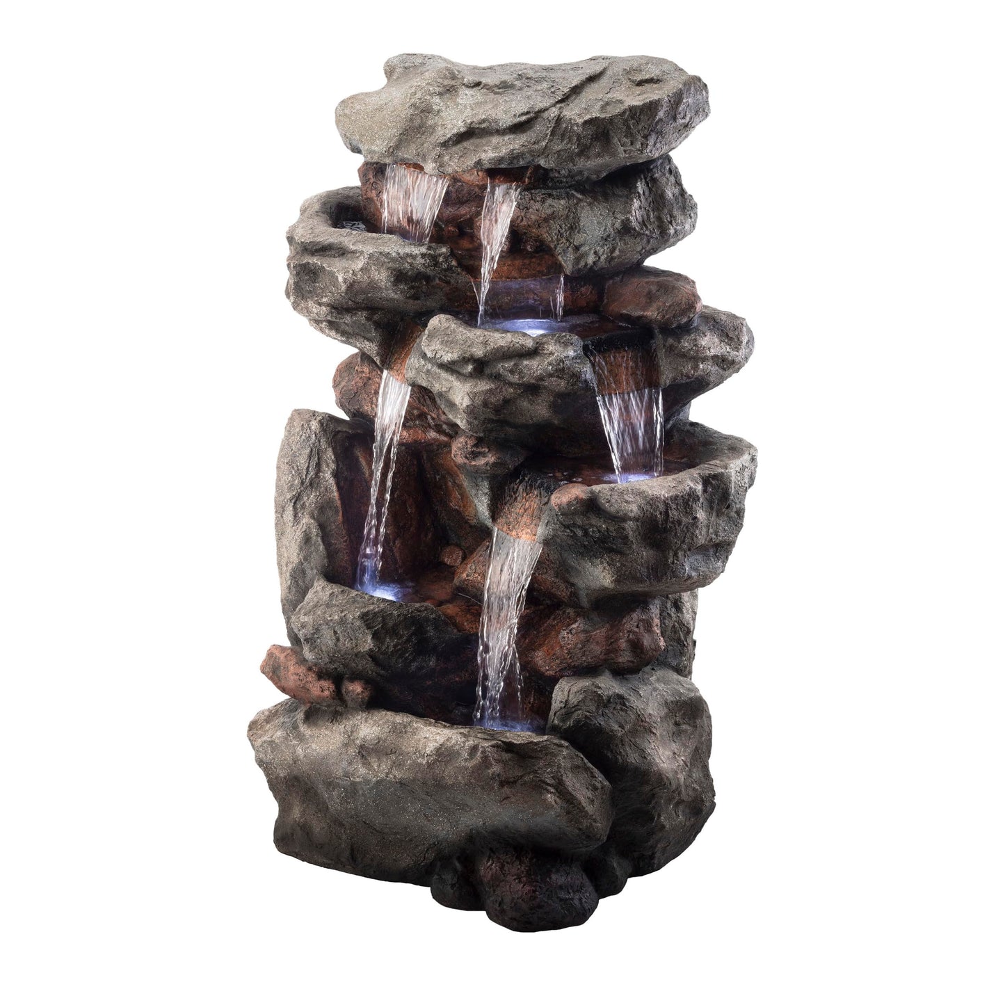Alpine Corporation WIN730 Outdoor Floor Tiered Rock Waterfall Fountain with LED Lights and Natural Stone Look, 52", Brown