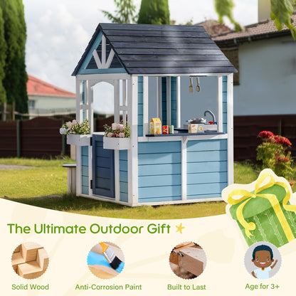 ROBUD Wooden Playhouse, Outdoor Kids Playhouse with Sink, Stove, Cookware, Flowerpot Holders, Snack Bar, Cottage Play House for Backyard, Blue