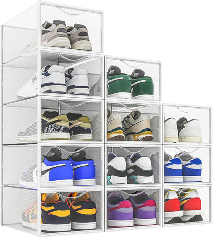 12 Pack Closet, Seseno Shoe Storage Bins, Clear Plastic Stackable Shoe Organizer for Space Saving Foldable Shoe Rack