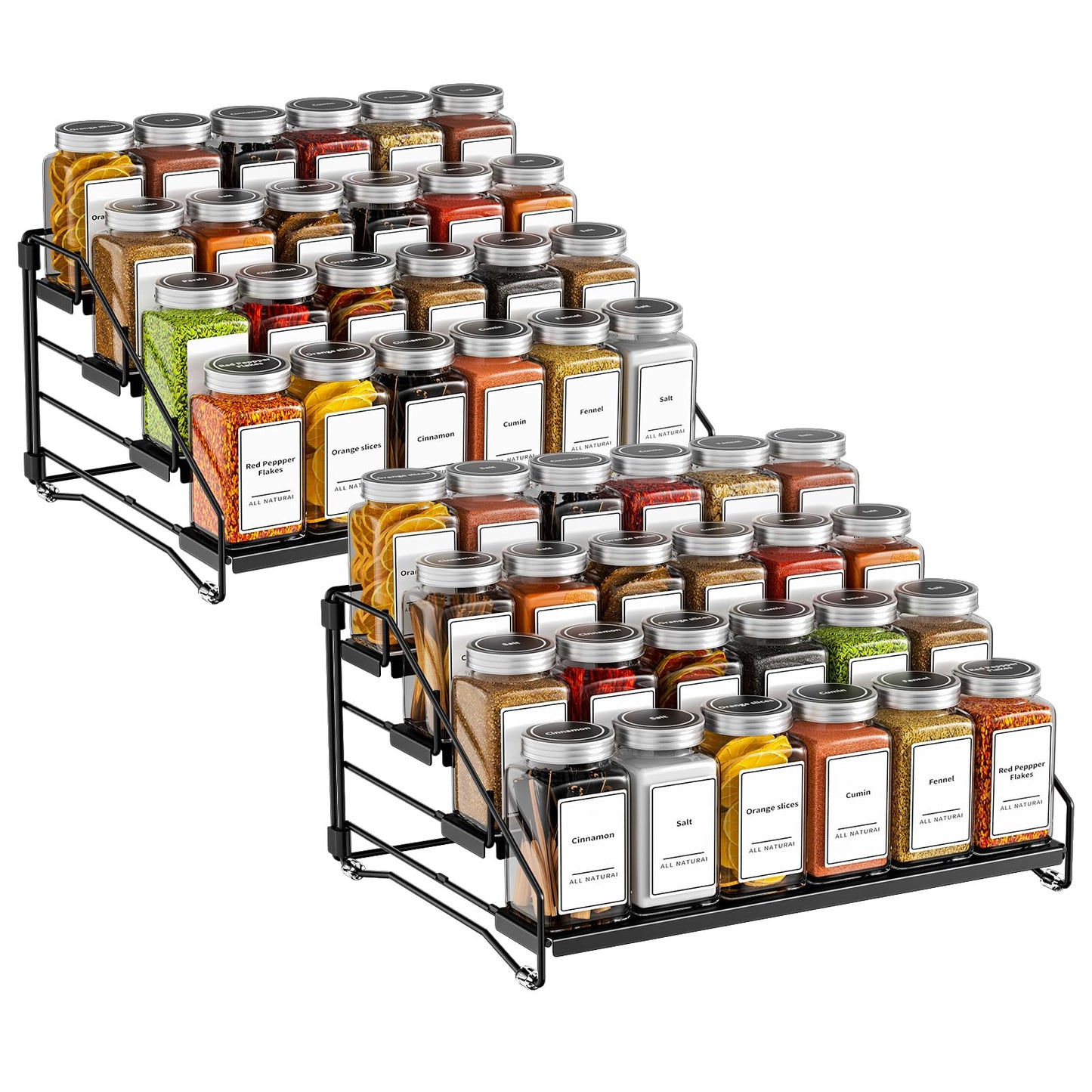 4 Tier Spice Rack for Cabinet, Spice Rack Organizer, Depth Adjustable Spice Holder for Countertop, Cupboard, Pantry, Seasoning Shelf, Metal, Black (1 Pack)