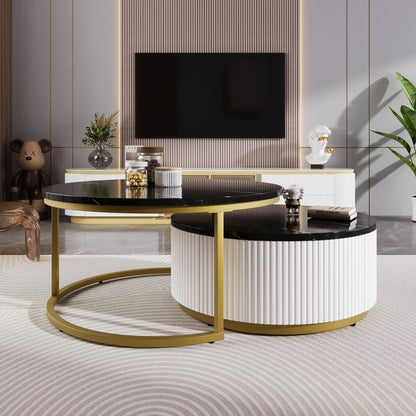 Merax 27.6" Modern Round Nesting Coffee Table Fluted with Drawer for Home Living Room, Black & Gold
