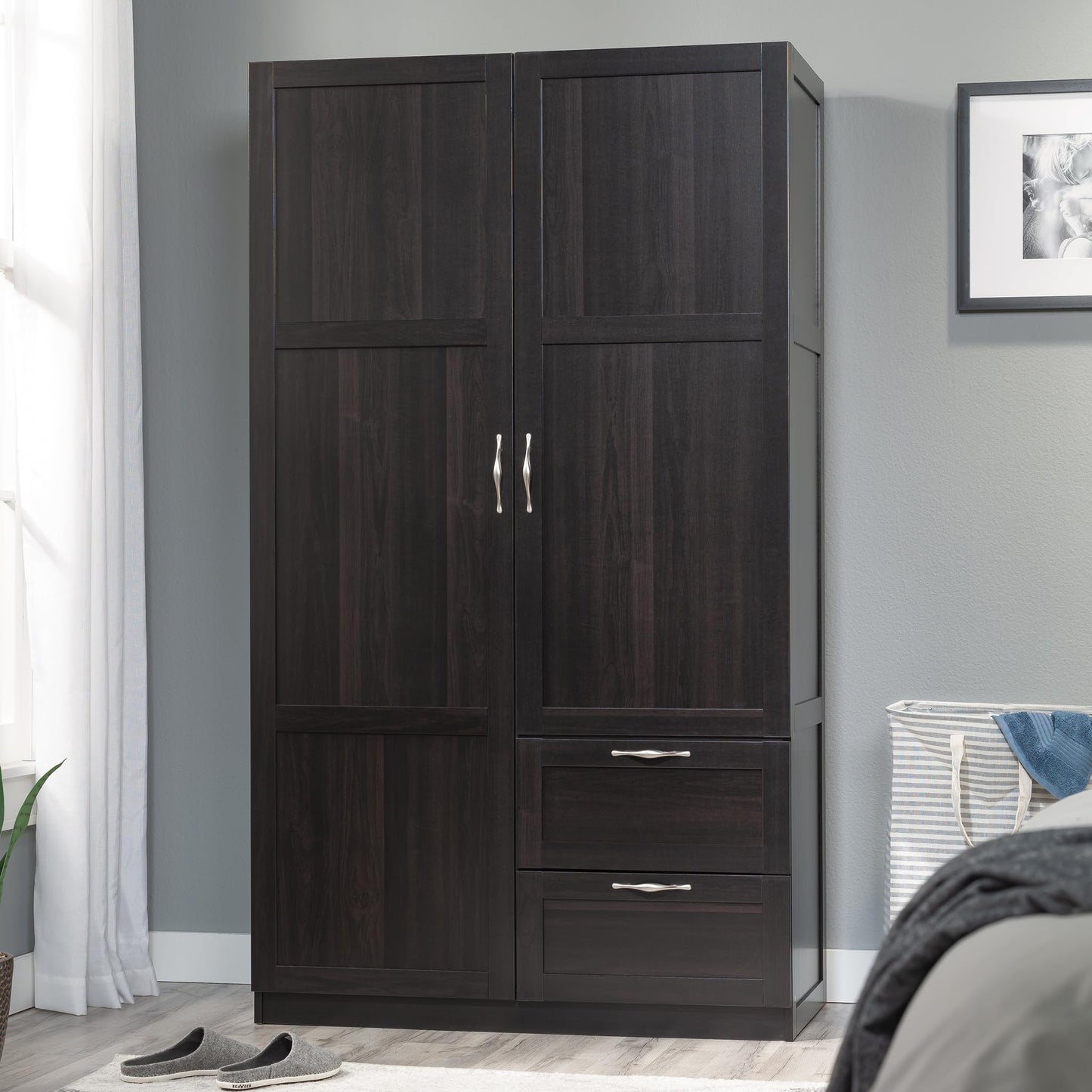 Sauder Select Multipurpose Bedroom Armoire Wardrobe Closet Pantry Storage Cabinet with Storage Drawers and Hanging Rail, in Cinnamon Cherry