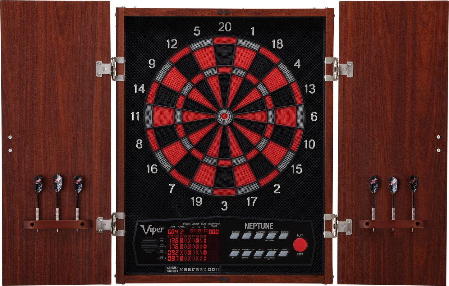 Viper Neptune Electronic Dartboard with Cabinet, 15.5 in Regulation Target, 57 Games, 16 Players, 6 Darts Included, Black