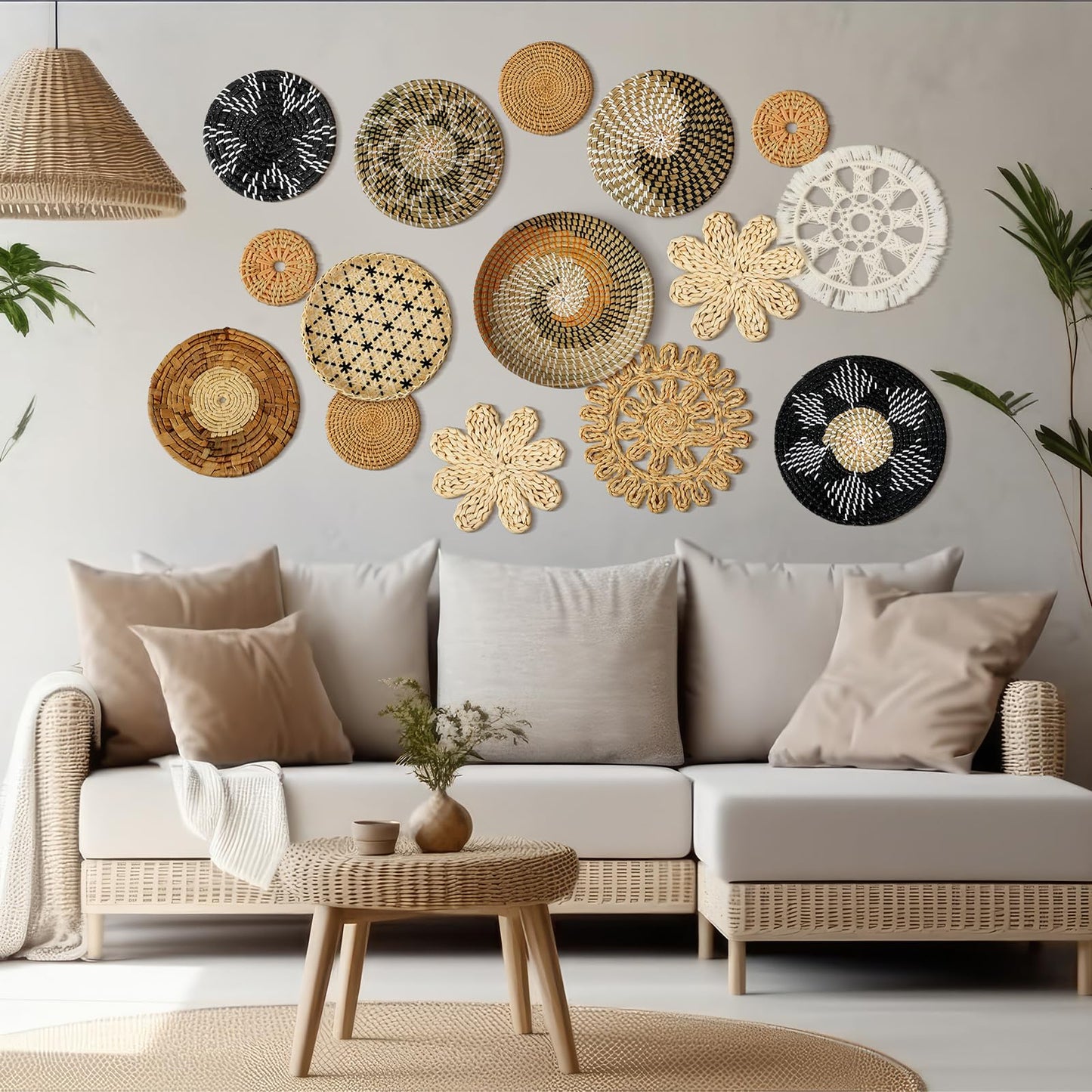 Xuhal 15 Pcs Boho Wall Basket Decor Handcrafted Seagrass Woven Wall Basket Rustic Round Woven Hanging Art for Home Farmhouse Kitchen Table Living Room(Stylish Style)