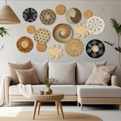 Xuhal 15 Pcs Boho Wall Basket Decor Handcrafted Seagrass Woven Wall Basket Rustic Round Woven Hanging Art for Home Farmhouse Kitchen Table Living Room(Stylish Style)
