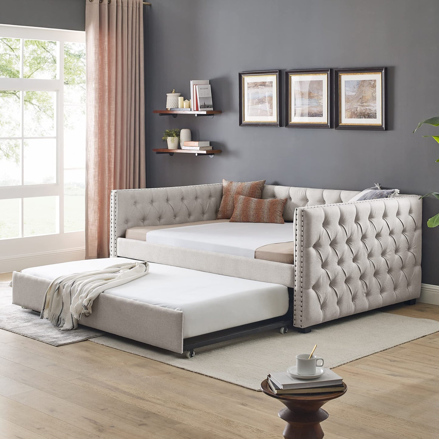Acosure Upholstered Full Size Daybed with Trundle Twin,Solid Wooden Sofa Bed Frame W/Button Tufted & Copper Nail on Square Arms,No Spring Box Need,Bedframe for Living Room Bedroom Dorm,Beige Linen