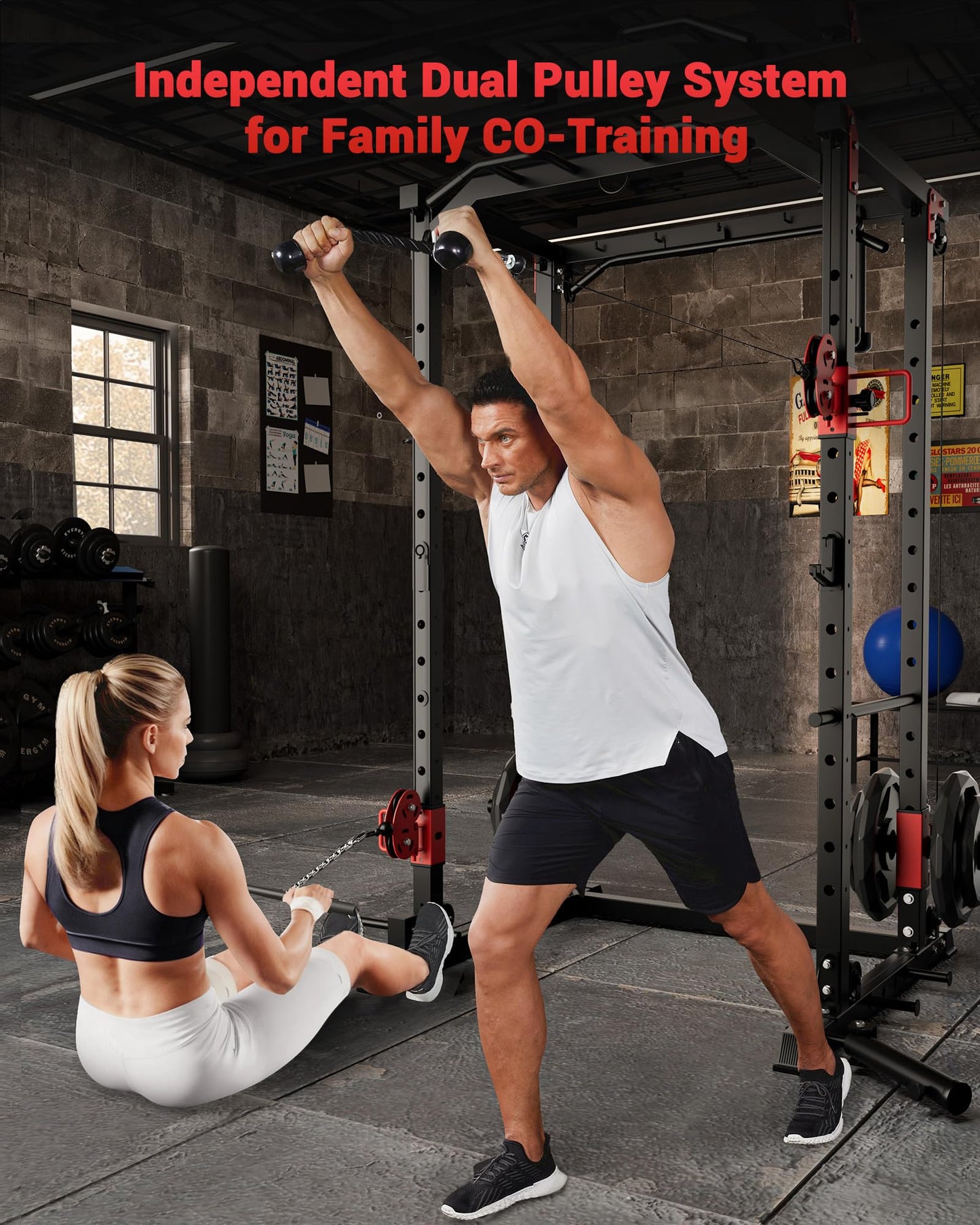 Garvee Power Cage, Multi-Functional Power Racks for Home Gym with Dual Pulley Systems, 1200 LBS Weight Capacity Fitness Squat Rack for Strength Workout with More Training Attachment, Red