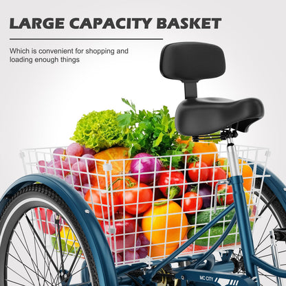 H&ZT Adult Tricycle, 3 Wheeled Bike, Trike Cruiser Bike, with 7-Speed Gear, Parking Brake Handle, Low Step, Large Rear Basket, Elderly Friendly, for Men, Women, and Teens