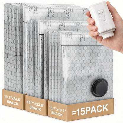 Maraiss Vacuum Bags for Travel with Rechargeable Air Pump, 15 Pack Carry-on Size Compression Packing Bags to Maximize Space & Travel Storage, Space Saver for Clothes, Bedding and Pillows