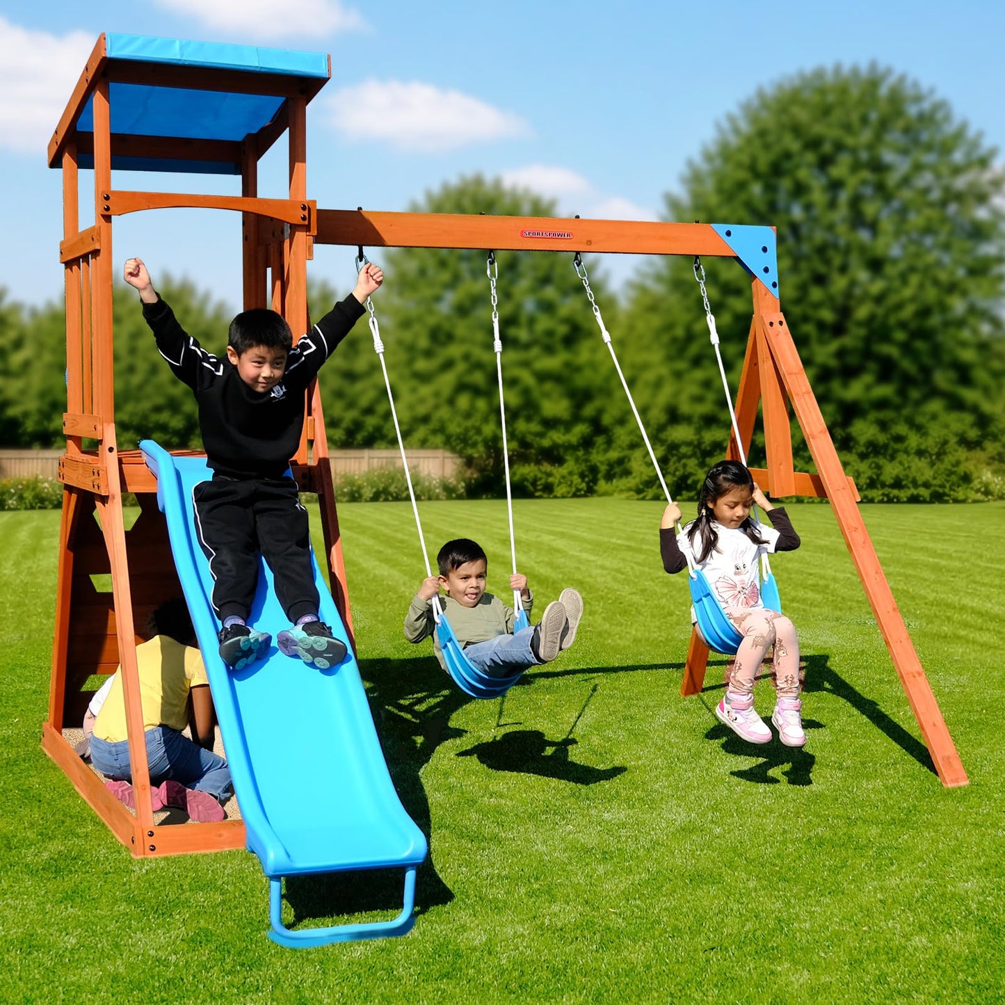 Sportspower Outdoor Grand Teton Cedar Wooden Swing Playset: 2 Swings, Fort, Sandbox, Ladder, 6ft Slide & Ground Anchor Kit