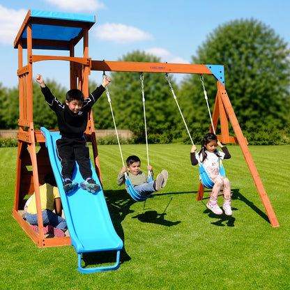 Sportspower Outdoor Grand Teton Cedar Wooden Swing Playset: 2 Swings, Fort, Sandbox, Ladder, 6ft Slide & Ground Anchor Kit
