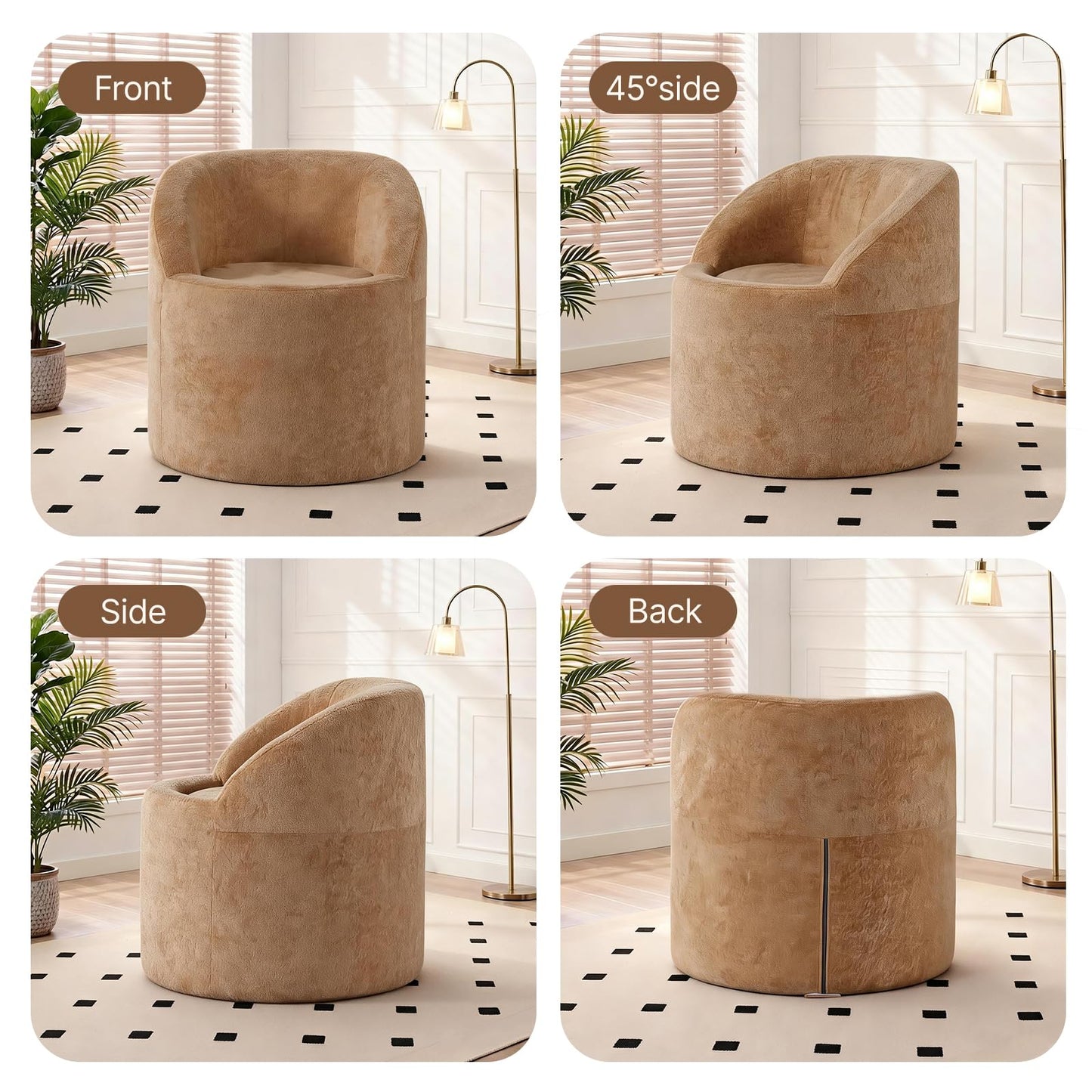 Barrel Accent Chair, Modern Chenille Reading Chair with Ergonomic Curved Back, Round Supportive Armchair for Living Room, Bedroom, Reading Corner & Office, No Assembly Required, Camel