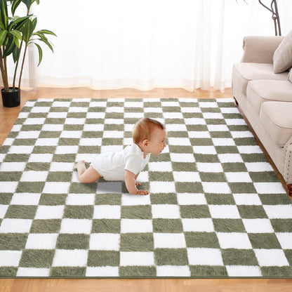 TOOHUB 5x7 Super Soft Rug for Bedroom, Ft Green and White Area Rug Classic Checkered Shaggy Anti-Skid High Pile Soft