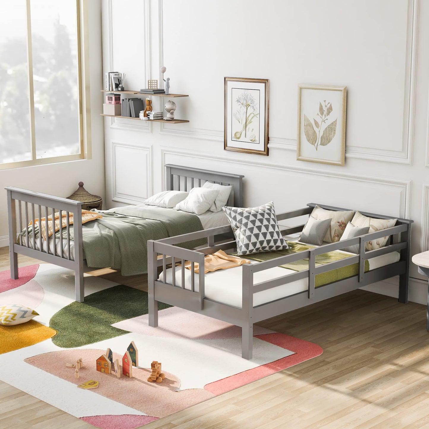 Ball & Cast Twin-Over-Twin Bunk Bed with Storage Ladder and Full-Length Guard Rail,Wood Bunkbed w/Slat Support,Space Saving,Bedframe Furniture for Student Dorms,Studio,Gray