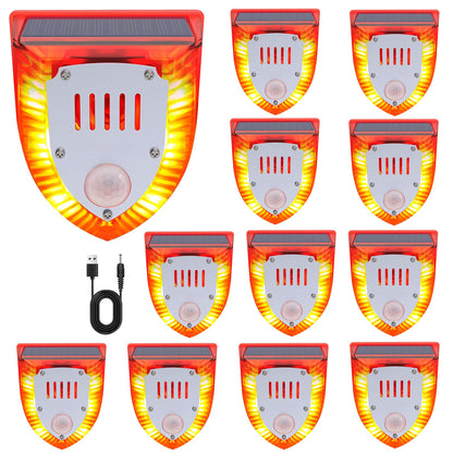QXMH Solar Outdoor Motion Sensor Alarm: 129db Dog Barking & Gunshot Sound,Loud Motion Detector Noise Maker,Barking Dog Alarm Strobe Light Warning Lamp for Home Yard Barn