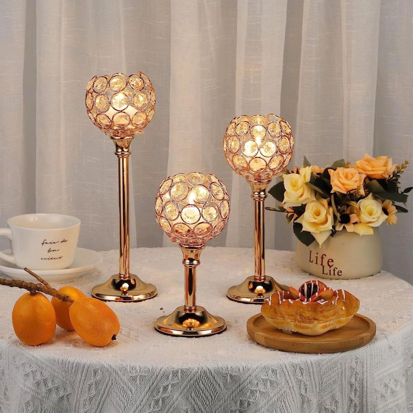 HearthLume Candle Holder Candlestick Holders- 2Set Gold Crystal Pillar Candle Holders,Metal Candlestick Stands for Wedding Centerpieces,Table Decor for Church,Valentine's Day Housewarming Gift,6Pcs