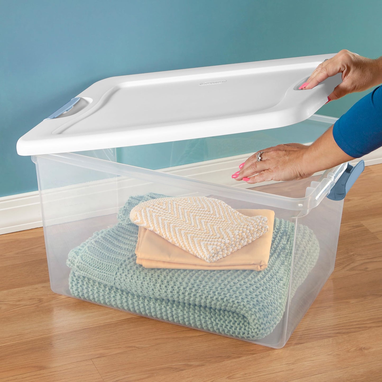 Sterilite 16 Pack Latching Box, 64 Qt Plastic Storage Container, Stackable Large Home or Office Tote Organizers with Secure Lids, White