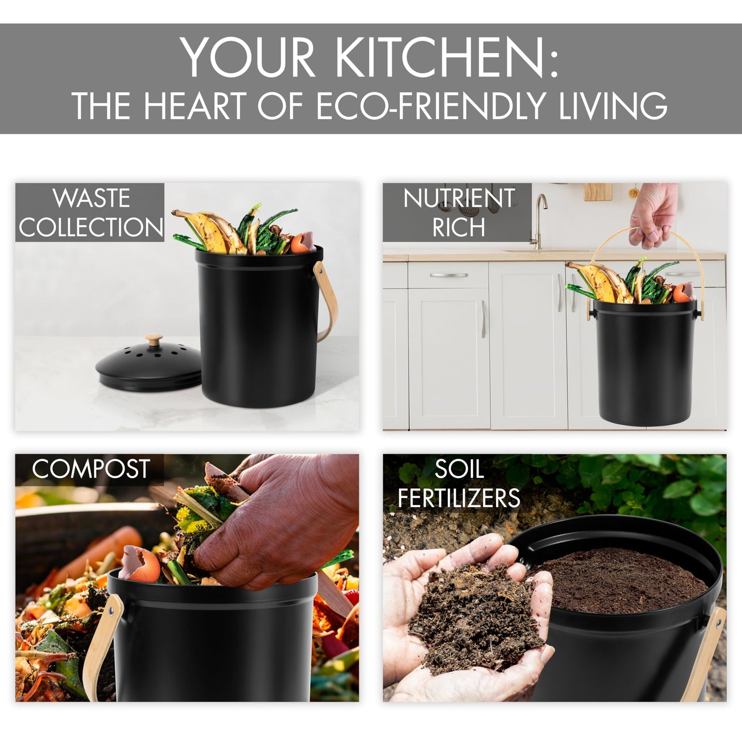 Beautiful Kitchen Compost Bin with Smell Proof Lid - Rust Proof and Odorless Compost Bucket for Your Countertop with No Smell Filters - Easy to Clean 1.1 Gallon Bin Looks Great On Any Kitchen Counter