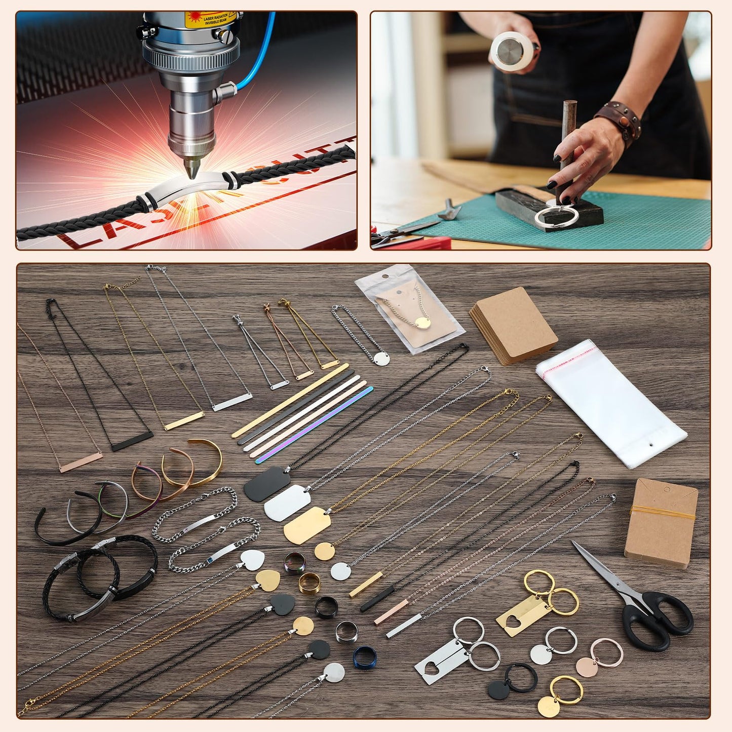 Quelay 99 Pcs Laser Engraving Materials Bulk Include 46 Jewelry Making Engraving Accessories Kit Necklace Bracelet Ring Keychain with Laser Marking Paper for Laser Engraver DIY Crafting Supplies