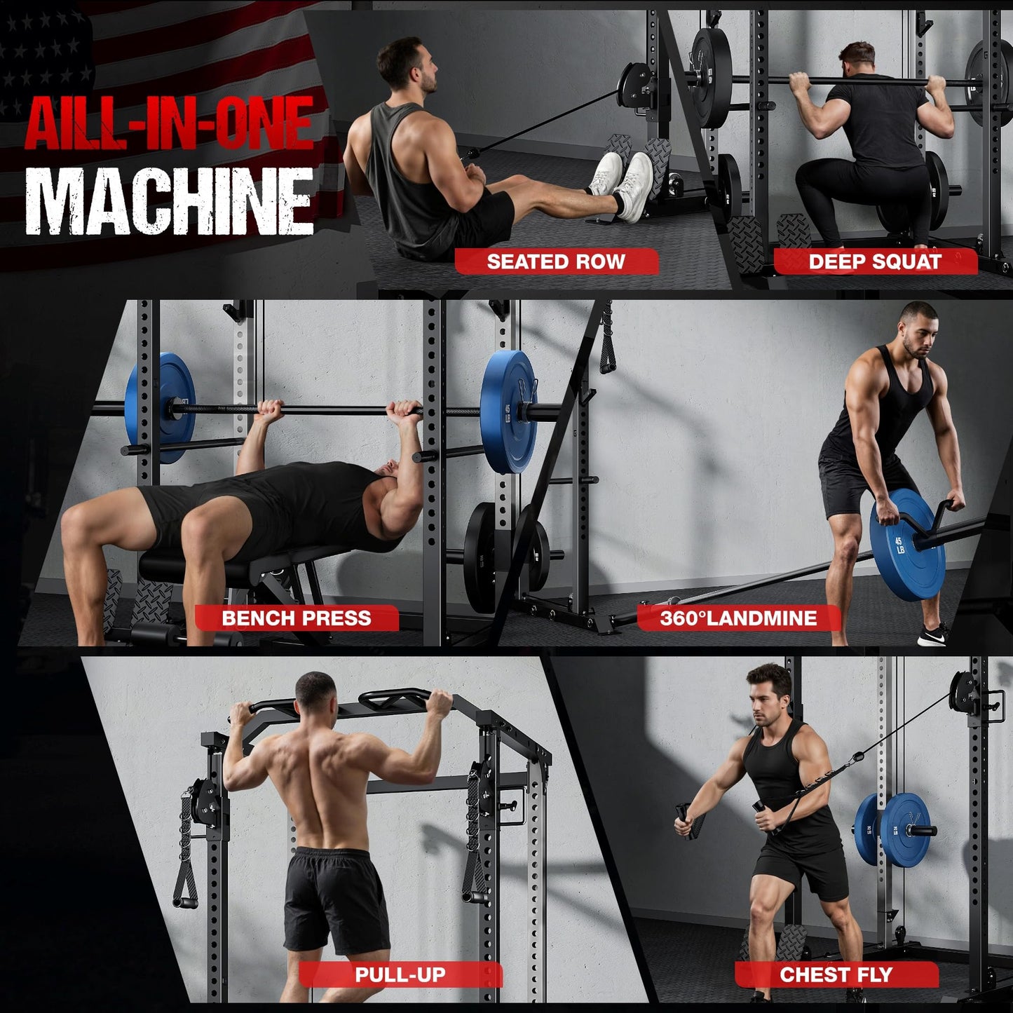 GOIMU DP01 Power Cage, 2000LBS Squat Rack with with Cable Crossover and Dual Independent Pulley System, Full Cage for Full Body Training, Power Rack with More Training Attachments for Home Gym(BK-Pro)