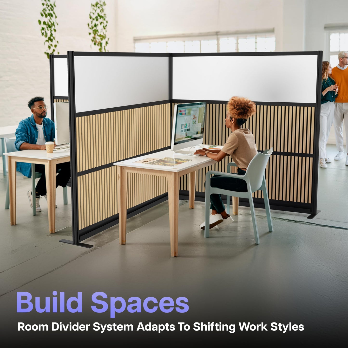 Room Divider for Office Privacy – Modular Freestanding Acoustic Office Partition with PET Sound Dampening Panels and Faux-Wood Slats, 70” x 70”, Grove Sound Dampening Wall, Black Frame, Easy Assembly