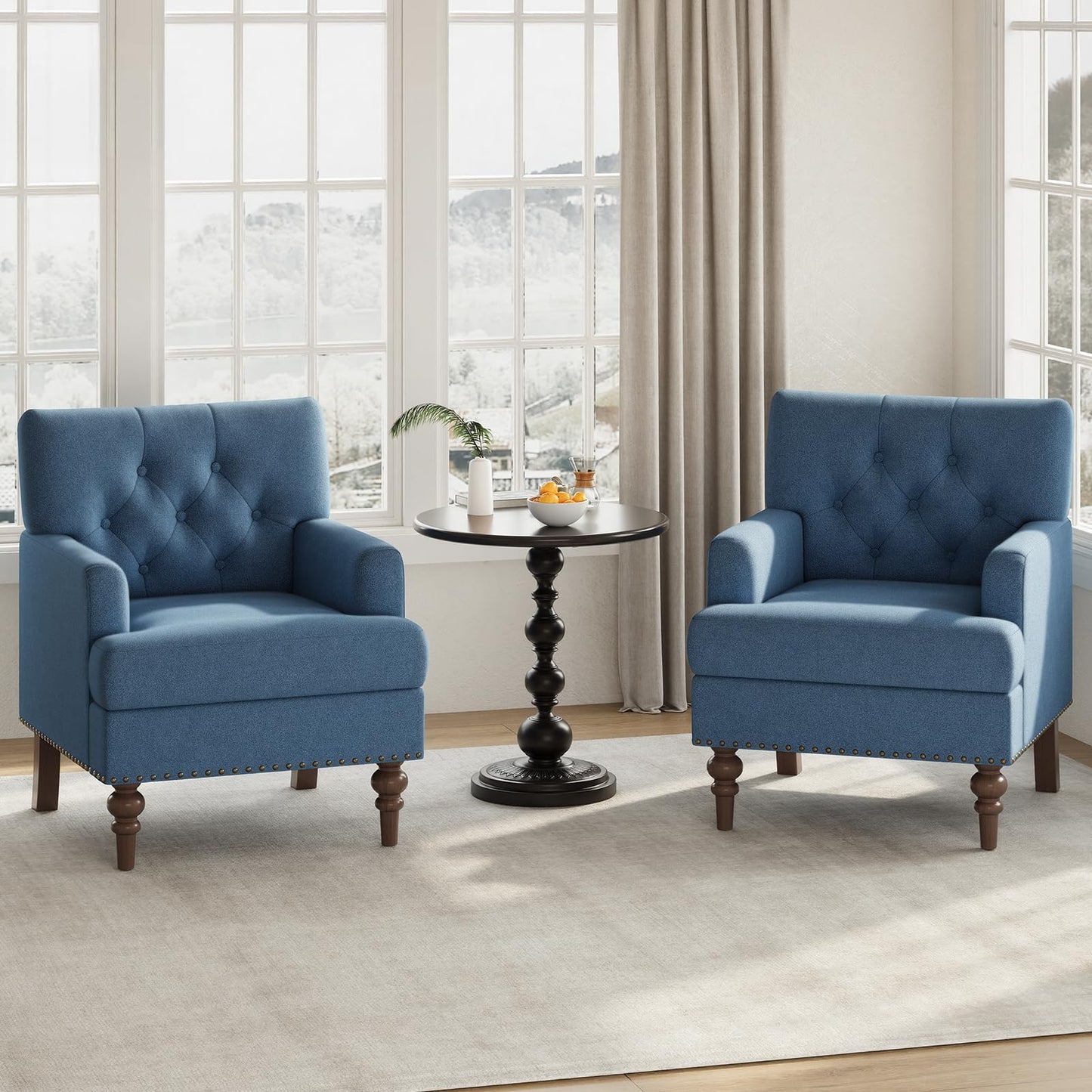 MALOL Upholstered Accent Chair Set of 2, Comfy Reading Chair for Living Room, Mid Century Modern Armchair with Thick Cushion & Solid Rubberwood Legs, for Bedroom/Small Spaces, Blue