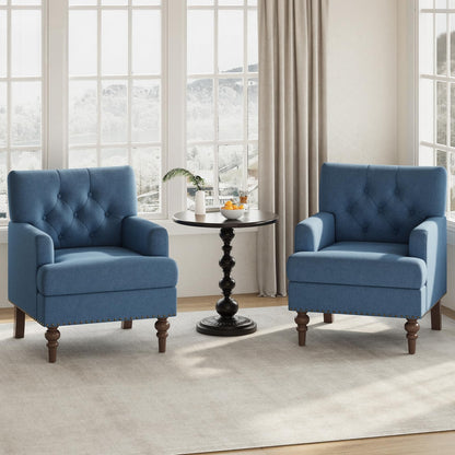 MALOL Upholstered Accent Chair Set of 2, Comfy Reading Chair for Living Room, Mid Century Modern Armchair with Thick Cushion & Solid Rubberwood Legs, for Bedroom/Small Spaces, Blue