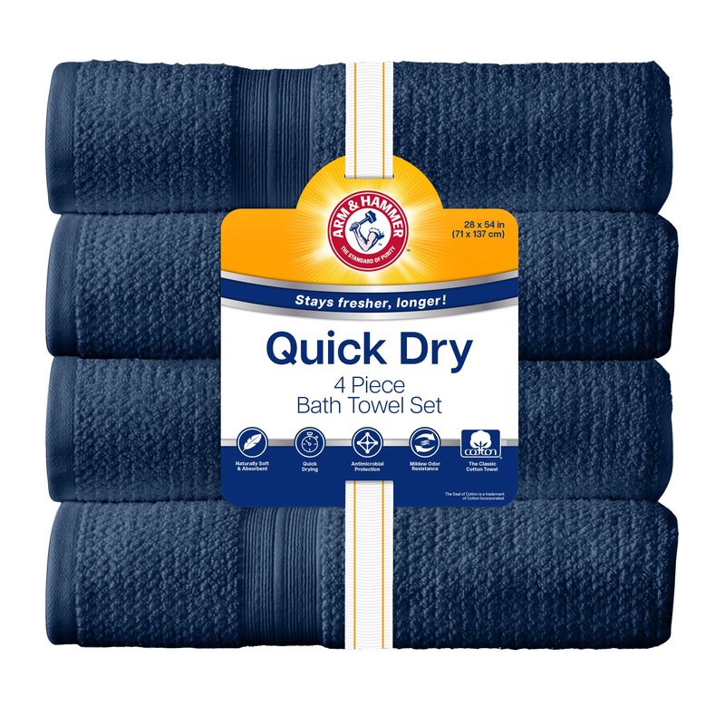 Arm & Hammer Quick Dry Bath Towels, 4 Piece, Dark Blue