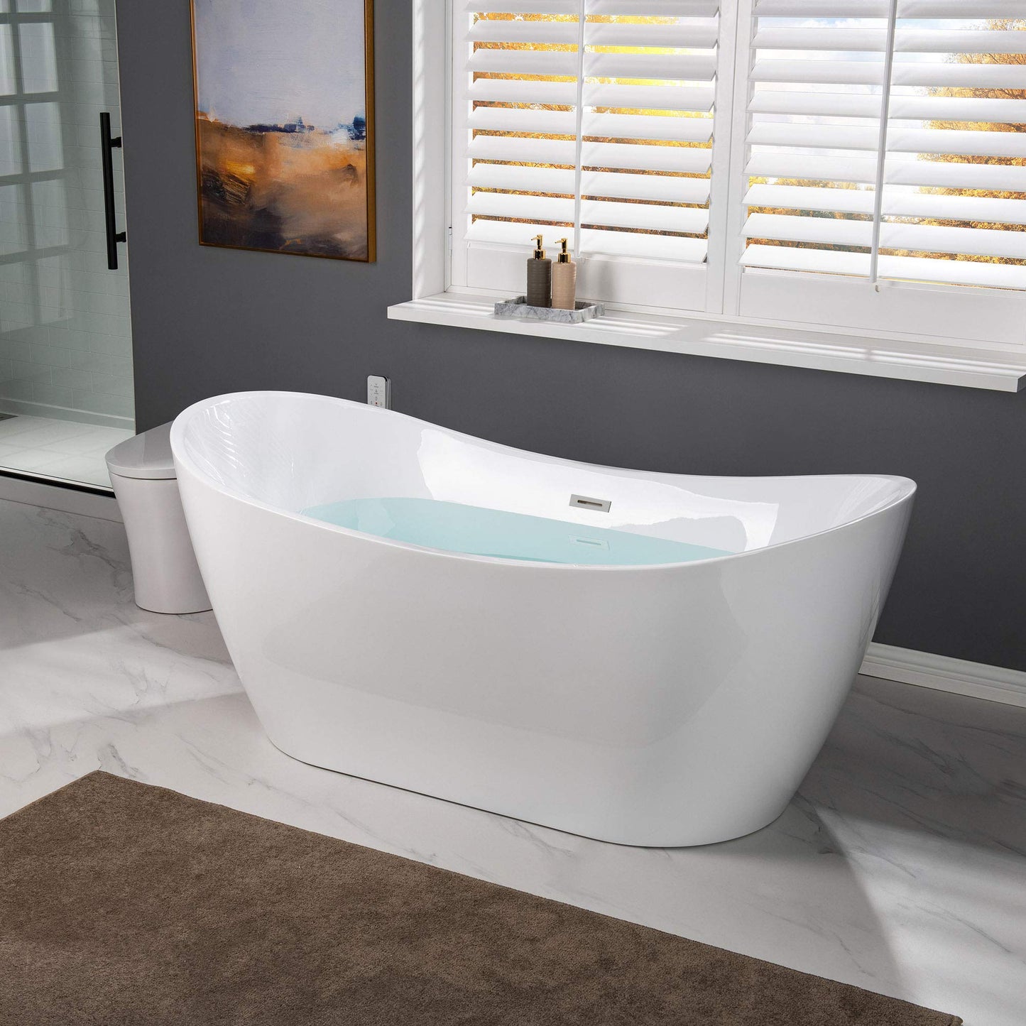 WOODBRIDGE 67" Acrylic Freestanding Bathtub Contemporary Soaking Tub, White Acrylic (Brushed Nickel Drain/Overflow) with Pillow
