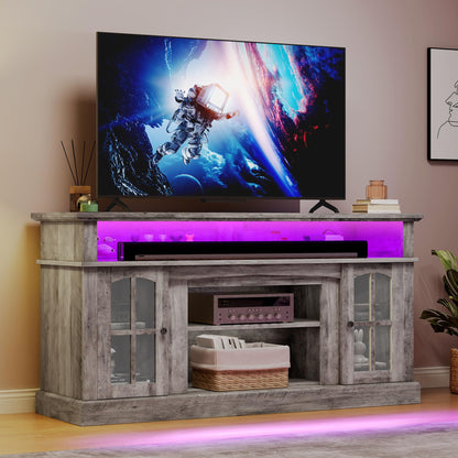 DWVO Farmhouse Television Stand for 75 Inch TV w/Outlets, LED Modern Entertainment Center with Glass Doors and Adjustable Storage Shelves, Media Console TV Cabinet for Living Room, Grey