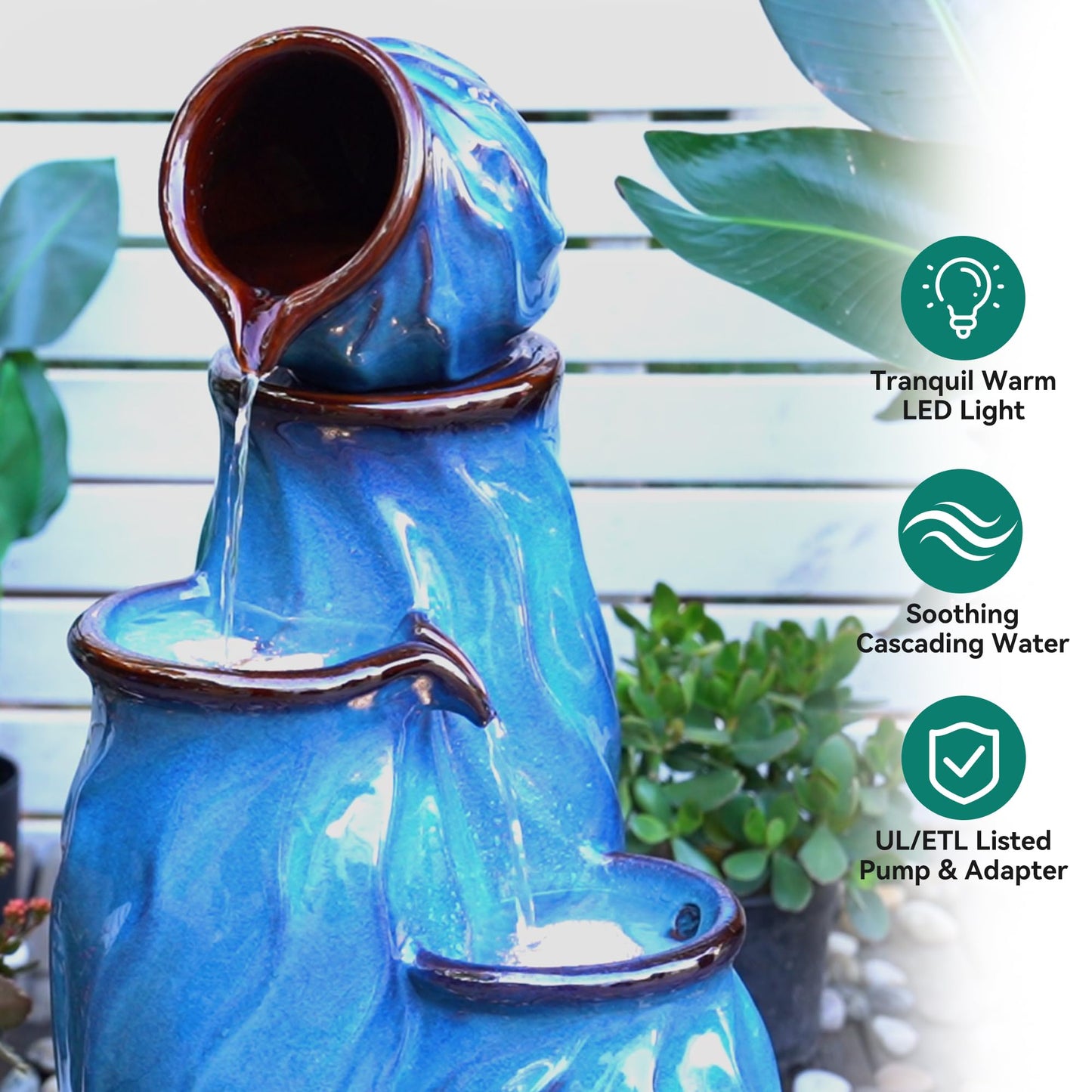 Ultym 29" Outdoor Water Fountain, Ceramic Outdoor Fountain, Stacked 4-Tier Pots Waterfalls for Garden, Patio, Yard, or Porch Decor, Creating Relaxing Serene Oasis, Dynamic Wave-Texture, Turquoise
