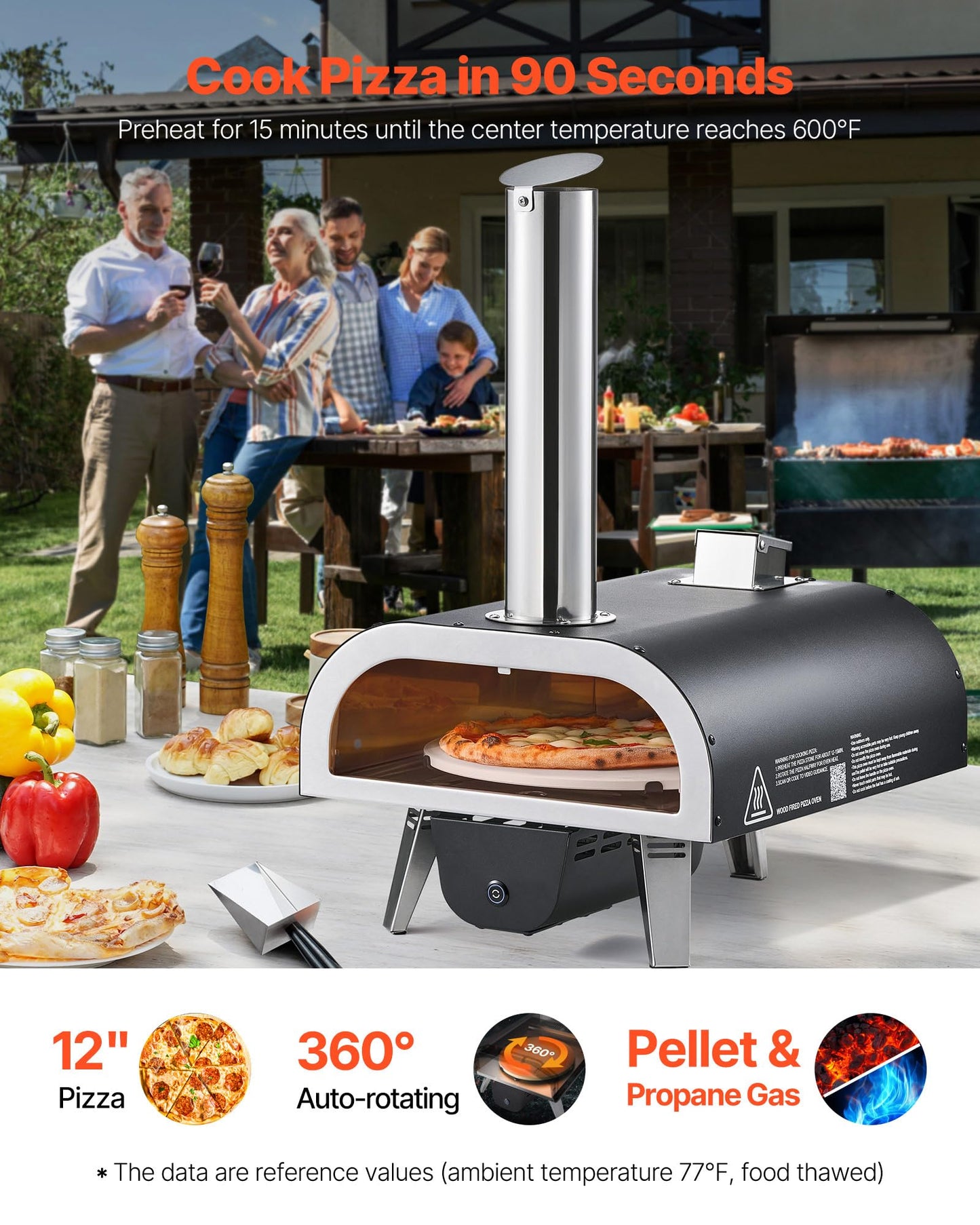 VEVOR Dual Fuel Outdoor Pizza Oven, 12" Auto-Rotating Propane & Wood Pellet Pizza Ovens, Multi-Fuel Pizza Maker with Electric Rotation System & Thermometer, for Outside Patio Camping & Backyard