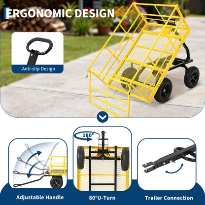 Patikuin 1500 lbs Heavy Duty Steel Garden Cart – 4-in-1 Utility Wagon – Removable Mesh Sides – 13-Inch All-Terrain Wheels – Quick Dump – Outdoor Yard Wagon for Tools, Soil, Plants – Yellow
