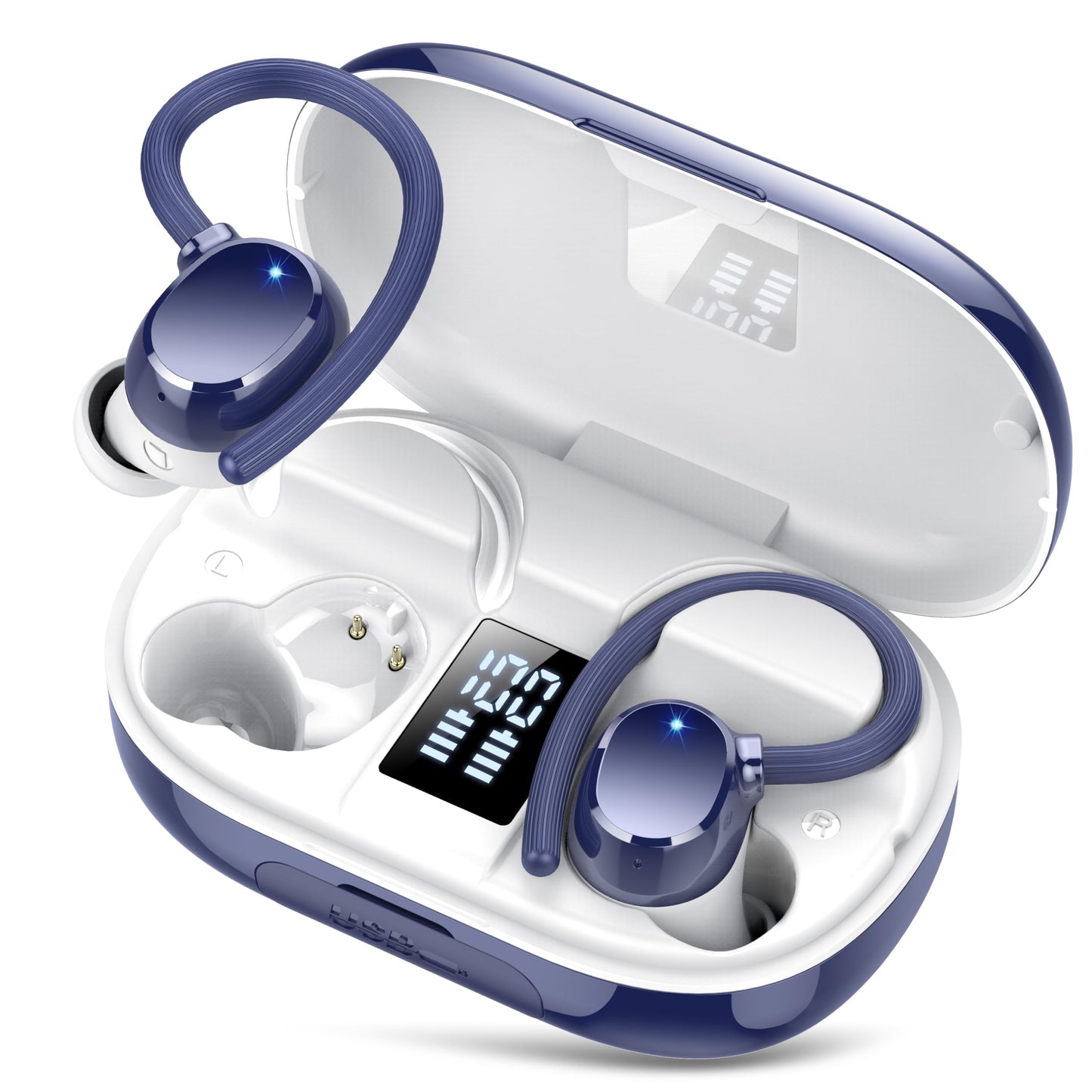 hadbleng Ear Buds Wireless Earbuds Bluetooth Headphones with 128H Playtime LED Digital Display Charging Case, Over-Ear Hook with Mic, Stereo Sound, IPX7 Waterproof Earphones for Workout/Running