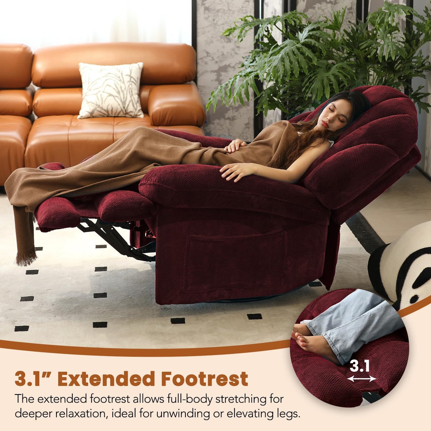 EONIX Dual Motor Power Swivel Rocker Recliner Chair for Living Room, Power Adjustable Backrest and Extended Footrest, Shell Shape Recliner Chair with USB Charging Ports, SXXY004021, Burgundy