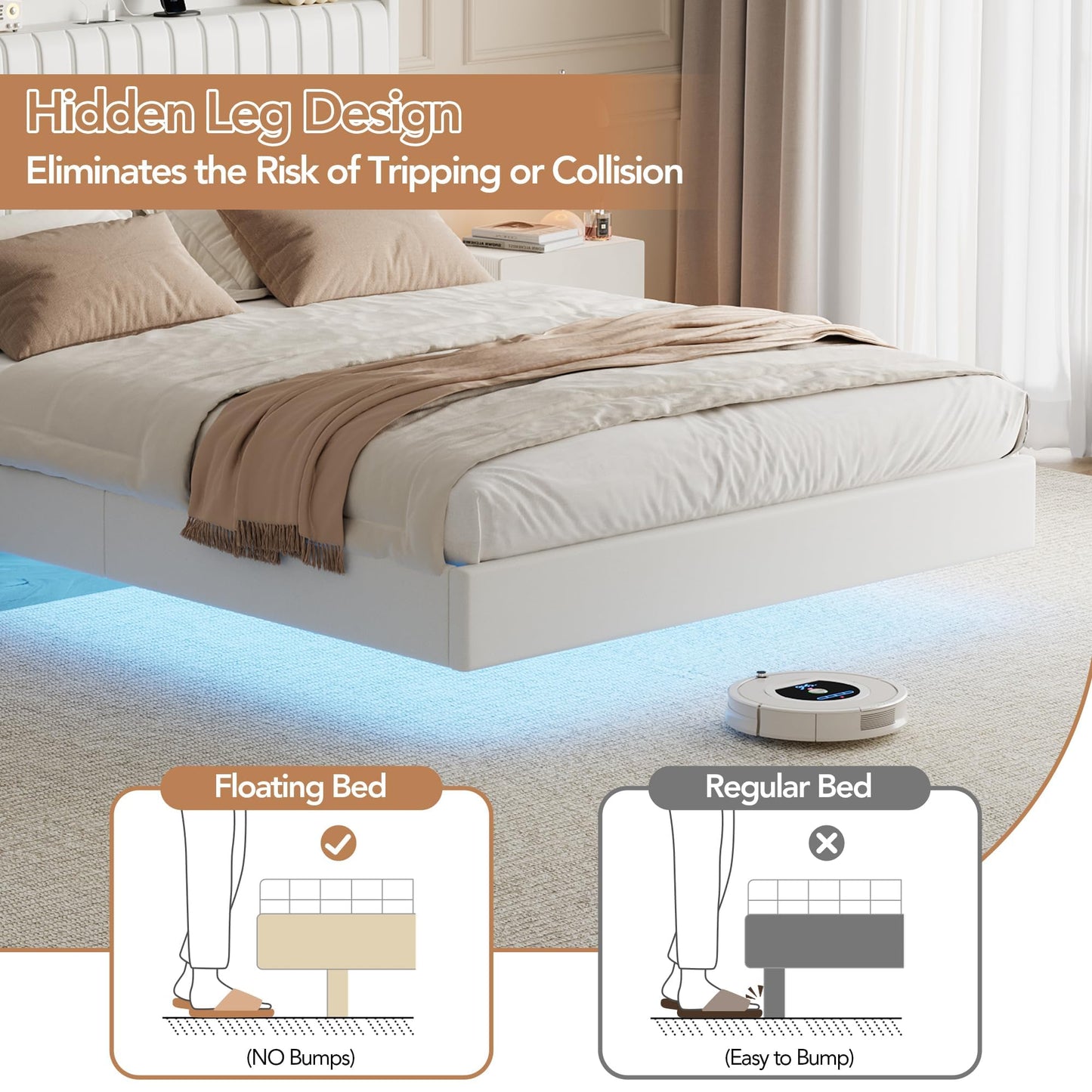 GarveeLife 50'' Tall Queen Floating Bed with LED Lights & Charging Station, PU Leather Bed Frame with Storage Headboard, Kick-Free, Noise-Free, Easy Assembly, No Box Spring Needed, White