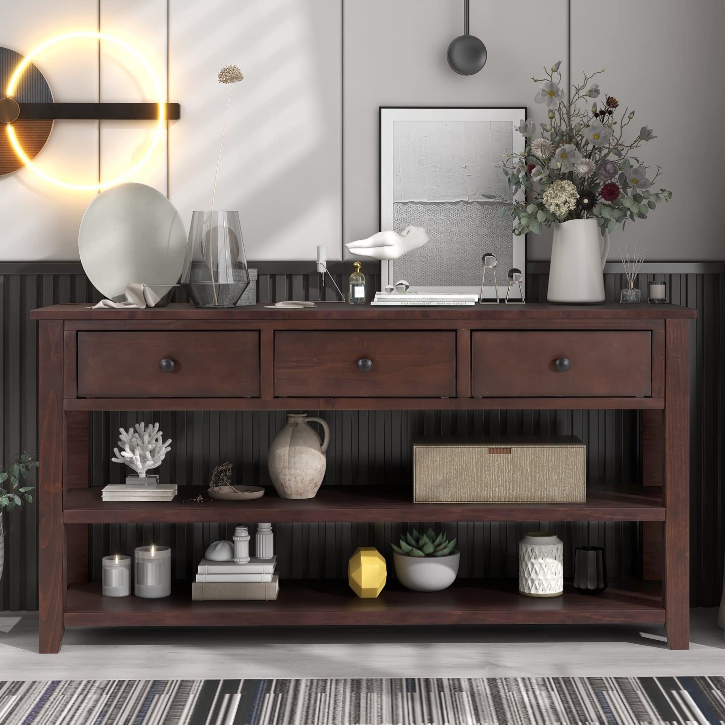 Bellemave Solid Wood Console Table with Drawers, Retro Entryway Table with 3 Drawers and 2 Open Storage Shelves, Narrow Long Sofa Table, Behind Couch Table for Living Room, Foyer and Hallway, Espresso