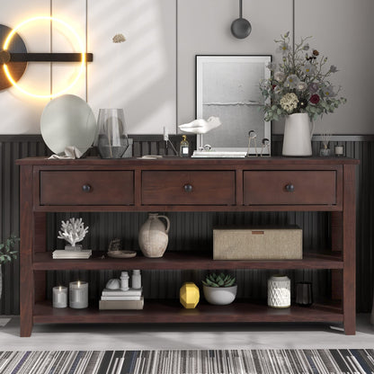 Bellemave Solid Wood Console Table with Drawers, Retro Entryway Table with 3 Drawers and 2 Open Storage Shelves, Narrow Long Sofa Table, Behind Couch Table for Living Room, Foyer and Hallway, Espresso