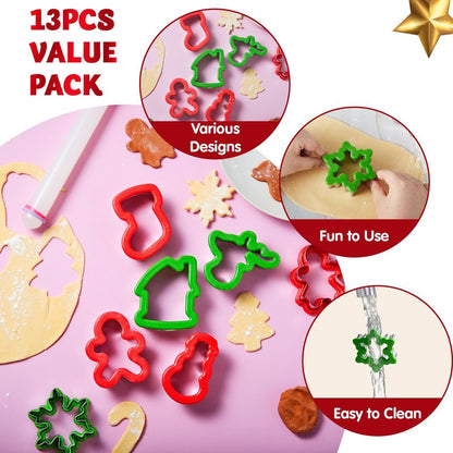 JOYIN 13 PCS Christmas Cookie Cutters in Stainless Steel with 3.5í plus Grip and a Rolling Pin for Xmas Holiday Party Baking Supplies, Snowflake, Gingerbread Cookies Mold and Baking Gift
