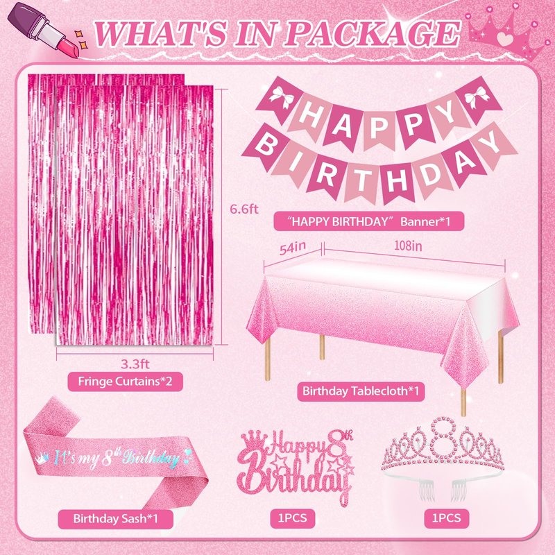 8th Birthday Decorations for Girls, Pink Party Decorations with Number 8 Balloon Happy Birthday Banner Bday Sash Crown Tablecloth Fringe Curtain Hanging Swirl for 8 Balloons for Bday Girl
