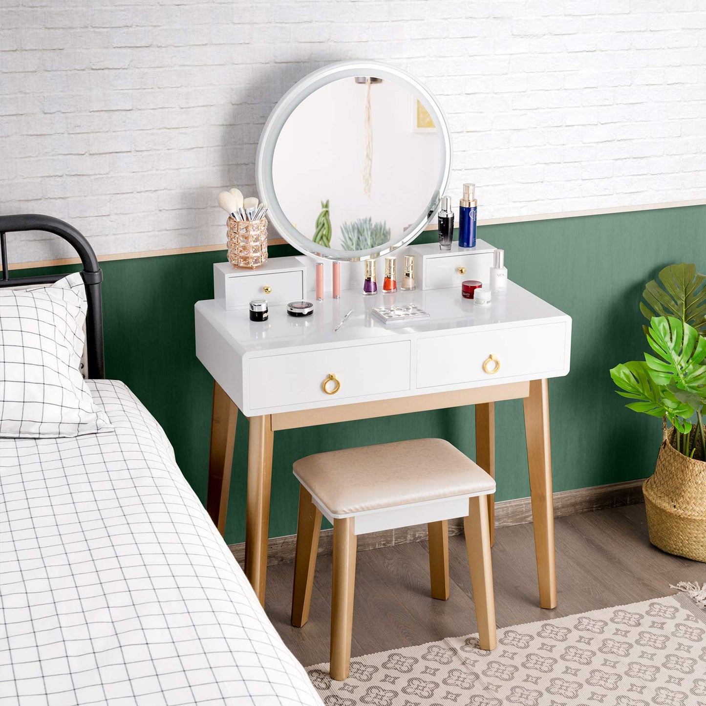 FANTASK Vanity Table Set, LED Lighted Makeup Table w/ 3 Color Round Lighting Mirror Touch Screen 4 Drawers, Makeup Dressing Table w/Cushioned Stool for Bedroom (White)