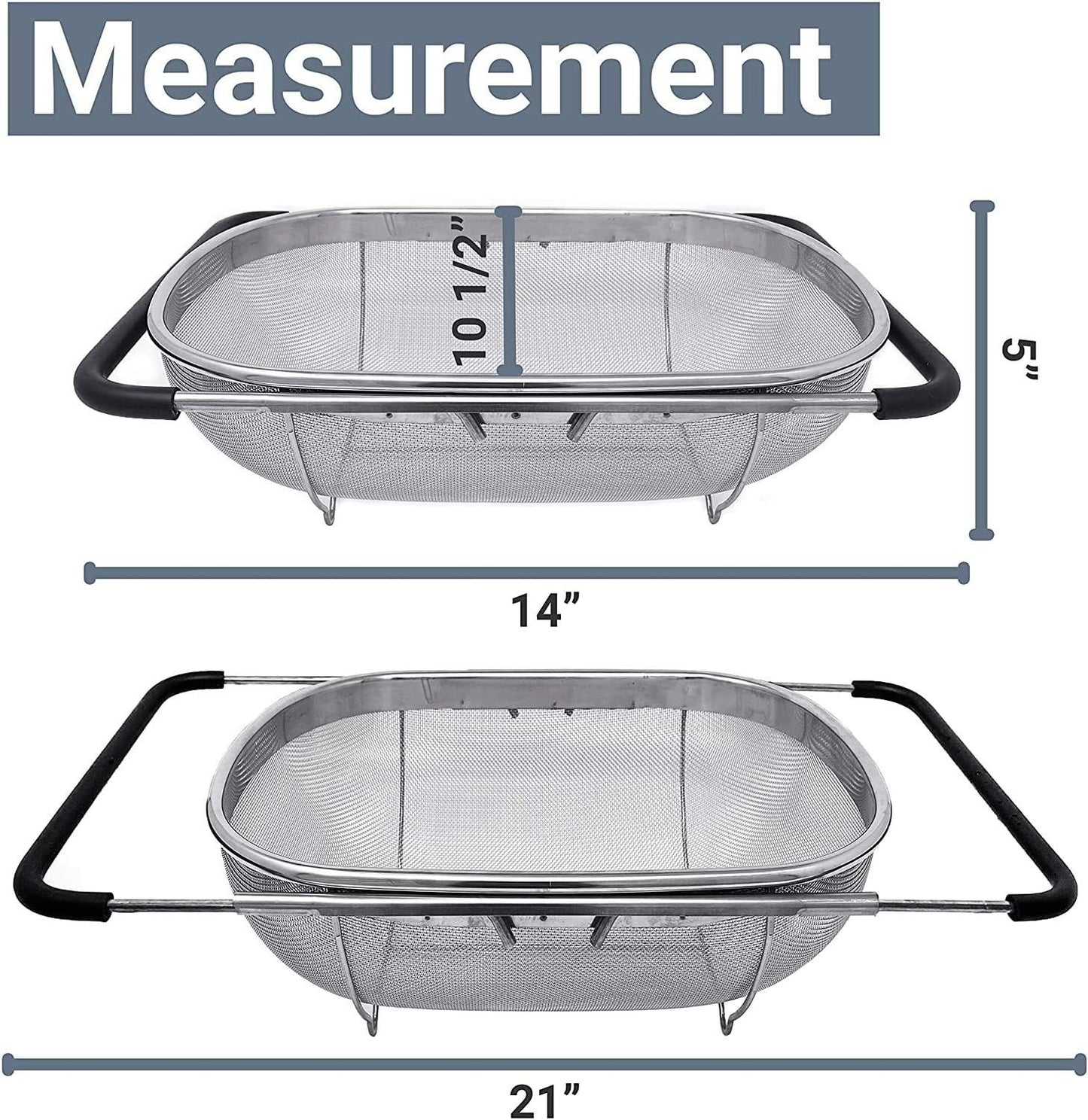 Makerstep Over the Sink Colander Strainer Basket Stainless Steel, For Kitchen Sink with Rubber Grip, Fine Mesh, Large Kitchen Gadgets Tools, Expandable Home Kitchen Essentials