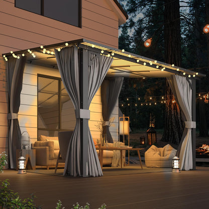 AECOJOY 10’ x 10’ Gazebo, Wall Mounted Gazebos Pergola with Curtains and Mosquito Netting, Enhanced Protective Outdoor Patio Lean to Gazebo Awnings for Deck, Porch, Backyard and Outside