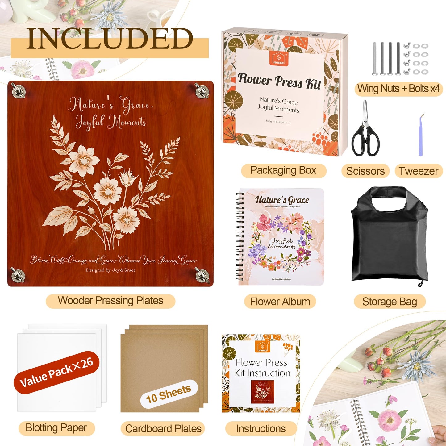 Joy&Grace Large Flower Press Kit for Adults with Designed Cover and DIY Album, 10.9" x 10.9" 10 Layers Plant Press and Plant Drying Toolkit, Flower Preservation Kit (Color Box, Mahogany Color)
