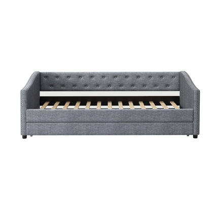 FAVSH Upholstered Daybed with Trundle, Twin Size Day Bed w/Button-Tufted Back and Piping on Waved-Shape Arms for Bedroom or Guest Room, No Box Spring Required, Light Gray