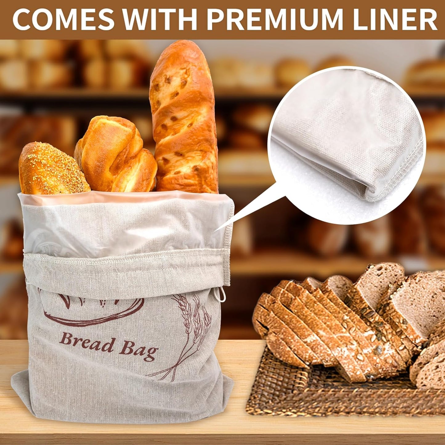 KYWJP 3 Pack Bread Bags for Homemade with Inner Lining, Linen Sourdough Reusable Bread Bags for Homemade Bread