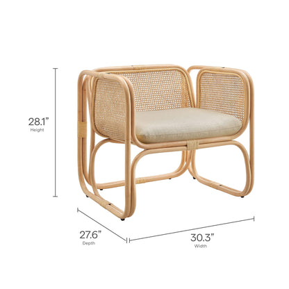 Ellis Natural Rattan Accent Armchair in Natural – Curved Low Lounge Chair with Cushioned Seat for Living Room, Sunroom, or Covered Patio