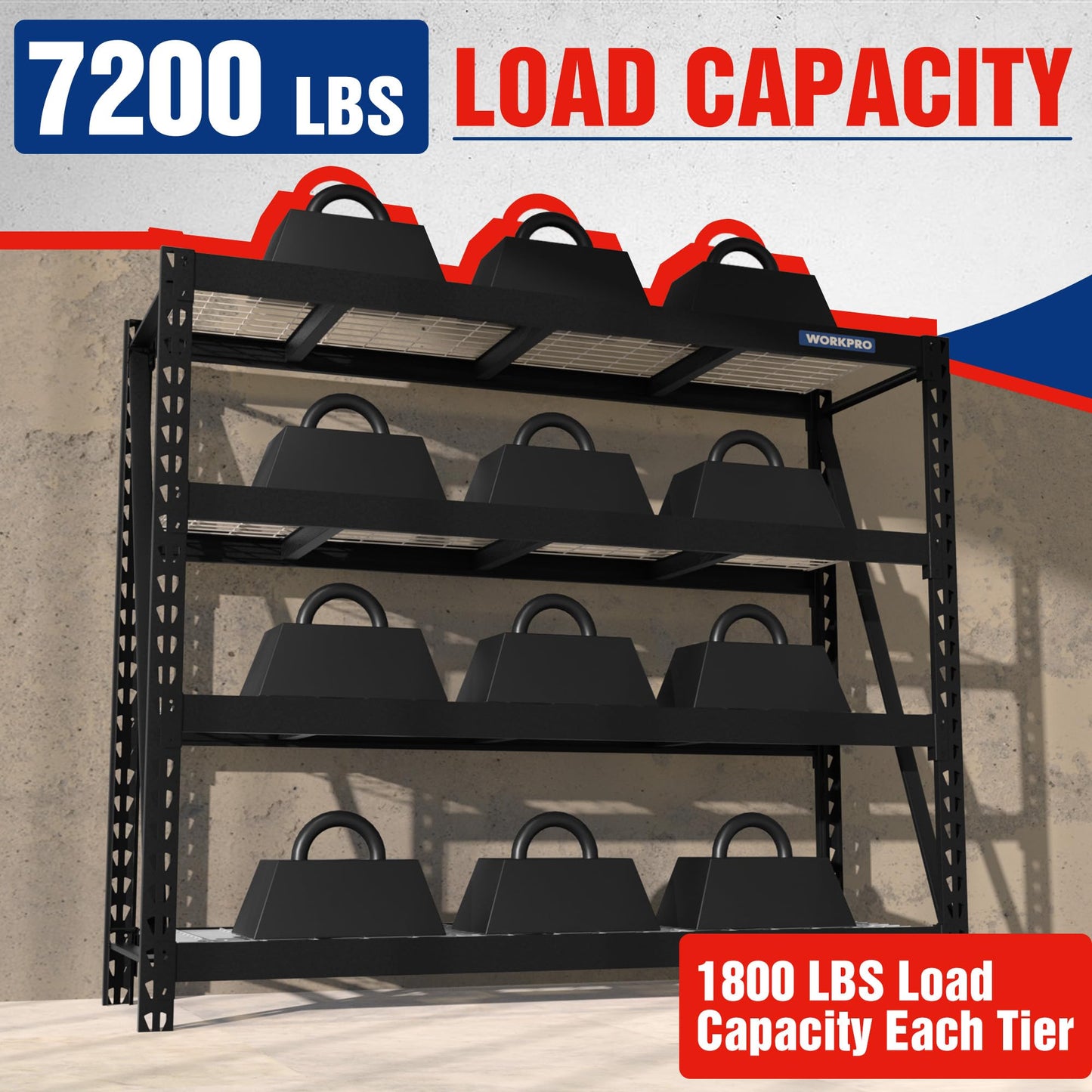 WORKPRO Garage Shelving, 68"W x 24"D x 65"H, 7200 LBS Load, Heavy Duty Metal Shelves for Storage, Industrial Shelving Storage Rack for Warehouse Kitchen Shop Basement, Black, Pack of 1