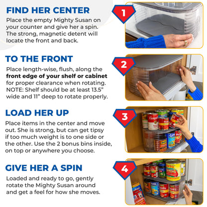Mighty Susan 2-Tier Lazy Susan Pantry Organizer – Steel Reinforced Turntable for Kitchen Cabinets & Pantry Storage – Heavy-Duty Can Organizer Holds Up to 30 lbs – Rotates 360° – Includes 2 Bonus Bins