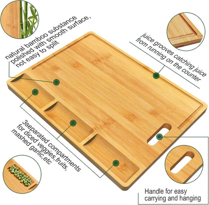 Large Bamboo Cutting Board with Built-In 3 Compartments and Juice Grooves, 17 x 12.6" Charcuterie Board for Kitchen